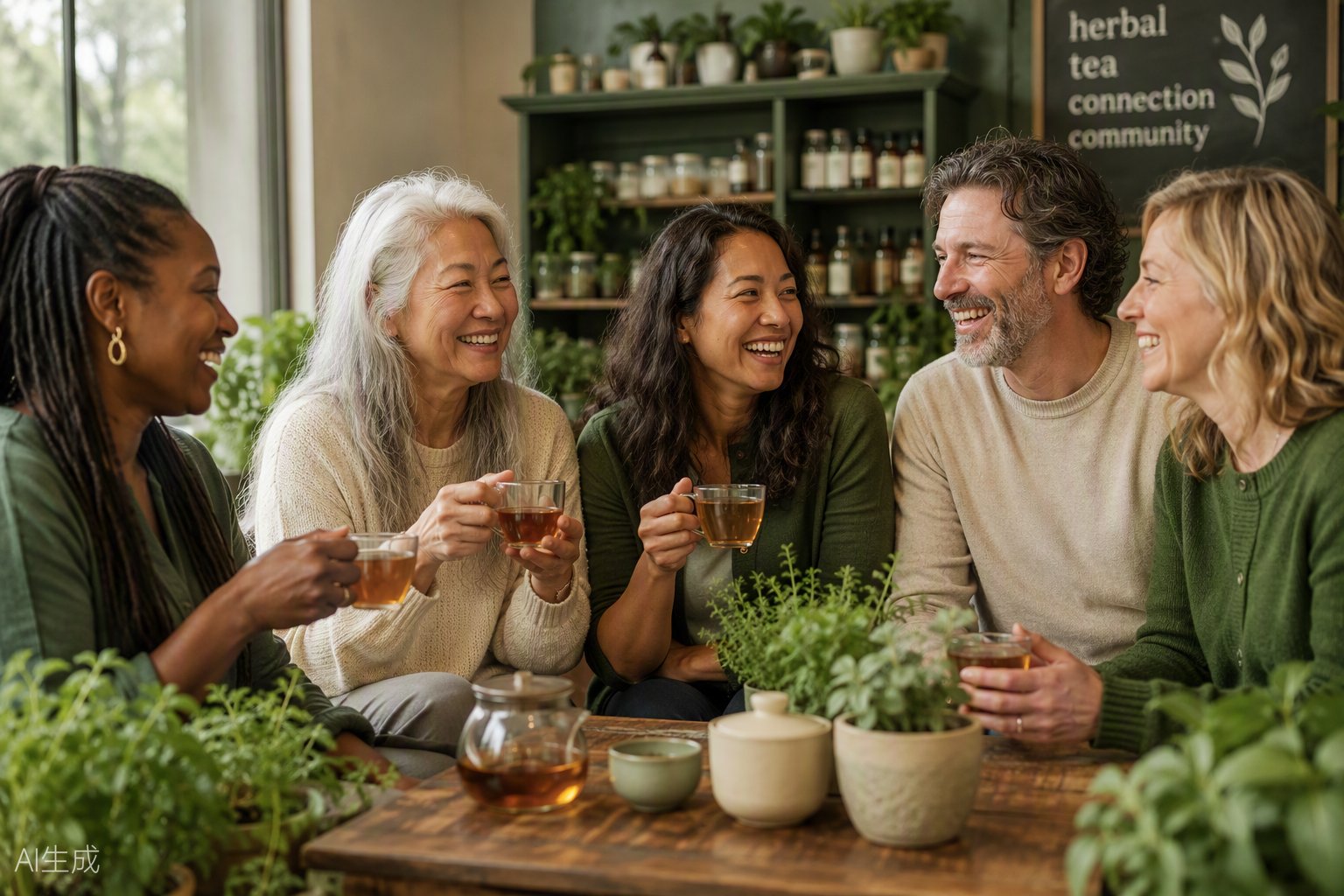 A community gathered around a table sharing herbal tea